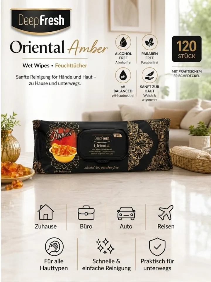 Deep Fresh 120 Tücher mit Klappdeckel, pH-hautneutral, alkoholfrei Reinigungstücher (Amber, 1-tlg., 1 Packung mit 120 Reinigungstüchern, Alkoholfrei pH-hautneutral Vegan Animal Test Free GMP-zertifiziert), Weiß, – Produktbild 3 von 3