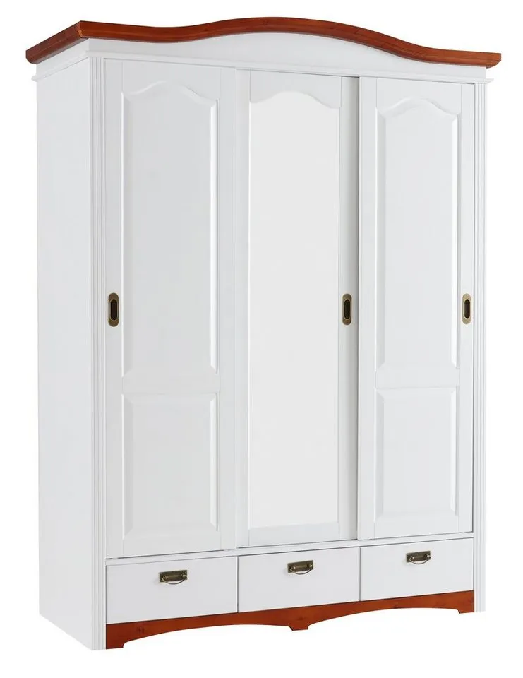 OTTO home Schiebetürenschrank Konrad, Landhausstil, rustikal, mit Schubladen + Spiegel, Kassetten (3 Breiten: 153/202/249 cm H/T ca.207/64 cm) massive Kiefer, FSC®-zertifiziert, Messinggriffe, mehrere Varianten, Weiß, – Produktbild 3 von 5