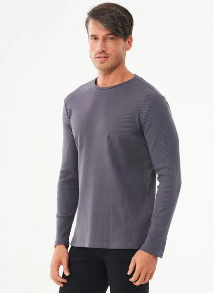 ORGANICATION ORGANICATION Geripptes Langarmshirt aus Bio-Baumwolle, Asphalt, – Produktbild 3 von 4