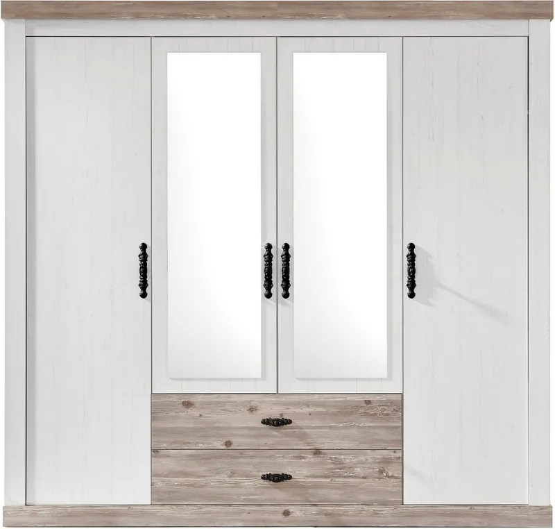 Home affaire Drehtürenschrank Florenz Landhausschrank,rustikale Metallgriffe mit feinen Verzierungen Kleiderschrank mit Spiegel Schlafzimmerschrank BESTSELLER Garderobe, Weiß, – Produktbild 1 von 8