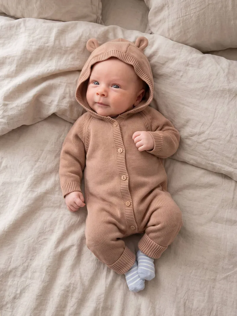 Vertbaudet Baby Strickoverall mit Kapuze und 3D-Ohren, Beige, – Produktbild 2 von 4