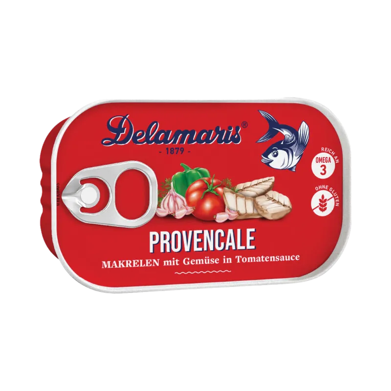 Delamaris Delamaris Provencale Makrelen mit Gemüse in Tomatensauce, 125 Gramm – Produktbild 1 von 1