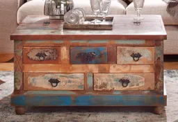 SIT Couchtisch Larnaka aus Altholz mit 5 Schubladen & 1 Klappe, Aus Holz alter Fischerboote gefertigt – individueller Vintage-Look – Produktbild 1 von 1