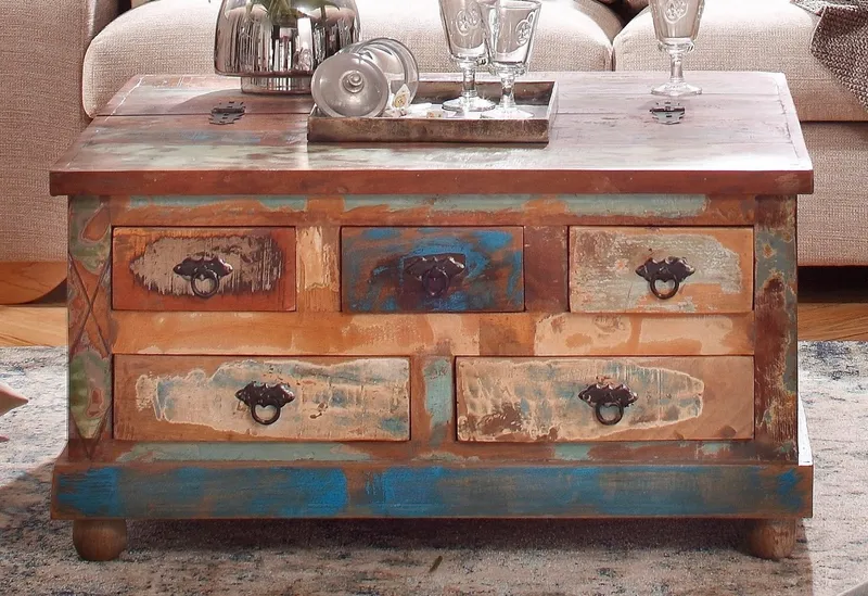 SIT Couchtisch Larnaka aus Altholz mit 5 Schubladen & 1 Klappe, Aus Holz alter Fischerboote gefertigt – individueller Vintage-Look, Bunt, – Produktbild 1 von 5
