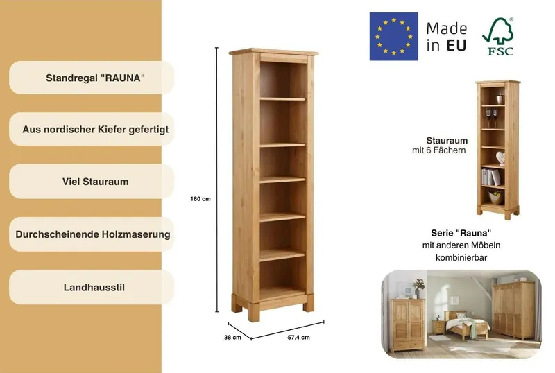 OTTO home Standregal Rauna, Regal, Massivholzregal, Bücherregal, Höhe 180 cm, aus massiver Kiefer, FSC®-zertifiziert, Beige, – Produktbild 1 von 5