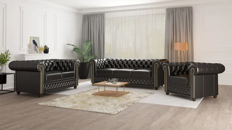 S-Style Möbel Polstergarnitur Chesterfield Jeff 3+2+1 aus veganem Leder mit Holzfüßen, (1x 3-Sitzer-Sofa, 1x 2-Sitzer-Sofa, 1x Sessel), mit Wellenfederung, Schwarz, – Produktbild 2 von 4