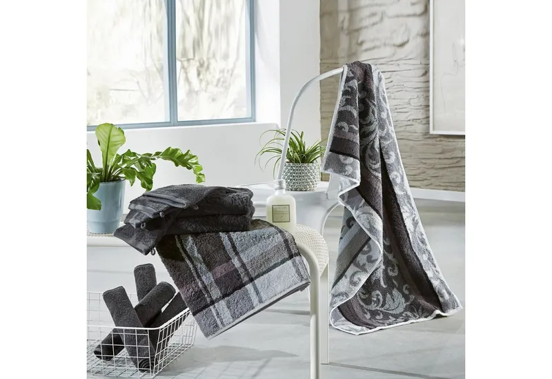 Erwin Müller Handtuch Handtuch "Ludwigsburg" 4er-Pack, Jacquard, Walk-Frottier Uni/Karo/Ornamente, Grau, – Produktbild 4 von 4