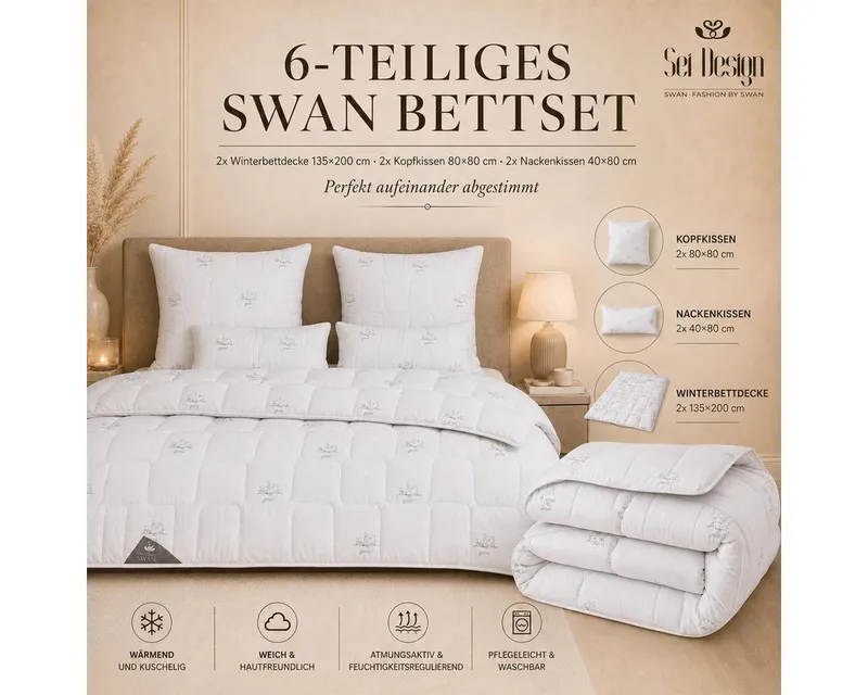 SEI Design Microfaserbettdecke Bettset SWAN 6-tlg Winterdecke 2x 135x200 + Kissen 2x 80x80+ 2x 40x80, Füllung: daunenähnliches Gefühl, 80x80, Weiß, – Produktbild 2 von 5