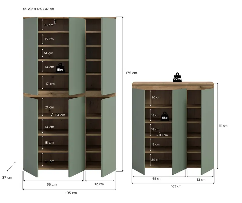 furnling Mehrzweckschrank-Set Sarca - in 5 trendigen Farben, (2-St., bestehend aus Kommode, Universalschrank), 1 Kleiderstange, großzügiger Stauraum durch 28 Fächer, Breite 235 cm, Grün, – Produktbild 5 von 5
