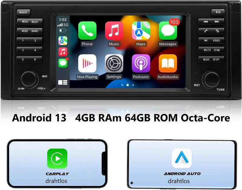 GABITECH 7 Zoll Android 13 Autoradio für BMW 5 Serie E39 E53 X5/M5 CARPLAY Autoradio (FM / AM-Radio, RDS, DAB+ Optional, Kabellos Apple Carplay und Android Auto, Sprachsteuerung), Schwarz, – Produktbild 2 von 5