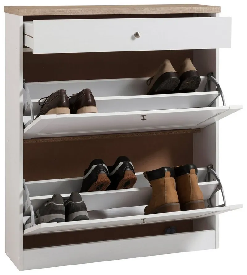 OTTO home Schuhschrank Heide Breite 90cm, mit Schubkasten, 2 Klappen und Facettenfront, Höhe 103cm, Weiß, – Produktbild 7 von 8