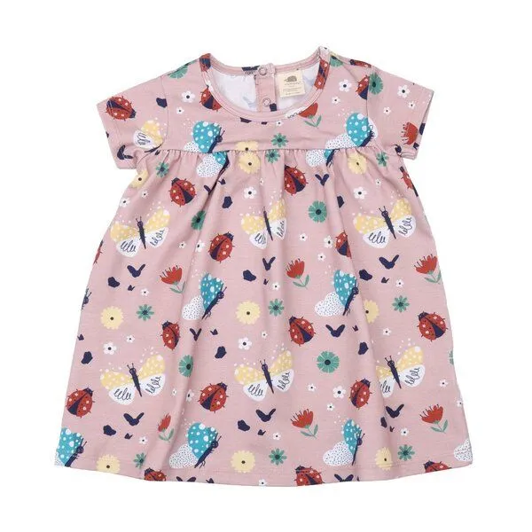 Walkiddy Baby-Babydoll-Kleid GOTS zertifiziert – Pink mit Marienkäfer- & Schmetterlingsmuster | Walkiddy, Pink, – Produktbild 1 von 3