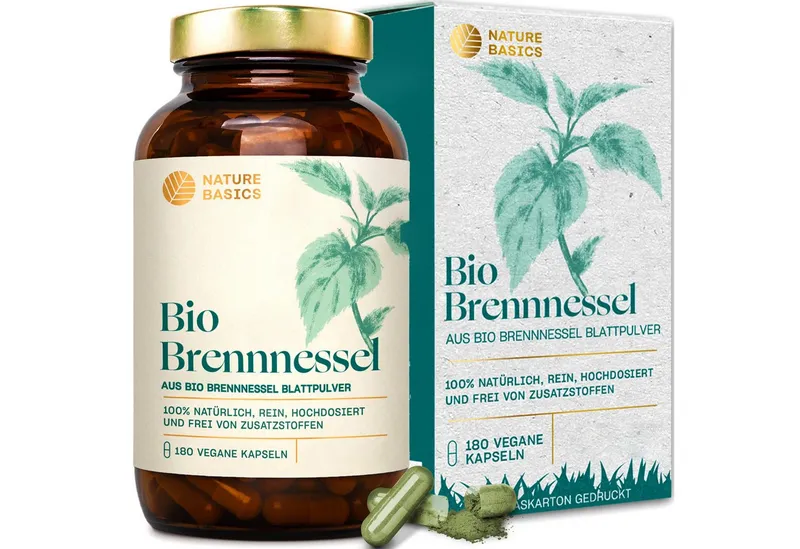 Nature Basics Hochwertiges Bio Brennnessel Vegan im Braunglas 180 Kapseln, 180 St., 103 g – Produktbild 1 von 5