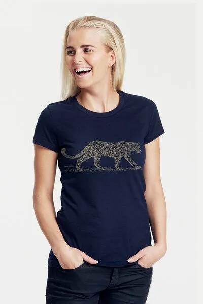 Peaces.bio - handbedruckte Biomode Peaces.bio - handbedruckte Biomode Bio-Damen-T-Shirt "Leopard", Navy, – Produktbild 1 von 2