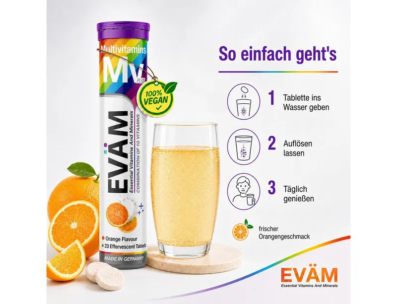 EVÄM Multivitamin Plus – 10 Vitamine in 1 Tablette, orange Brausetabletten, 1 er Rörchen à 20 St., 82 g – Produktbild 4 von 5