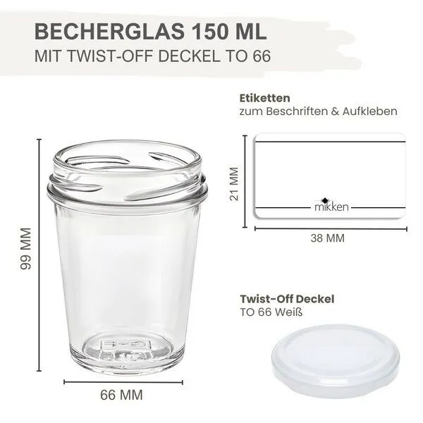 mikken mikken 100 Dessertgläser 150 ml Einmachgläser mit Schraubdeckel, Weiss, – Produktbild 3 von 3