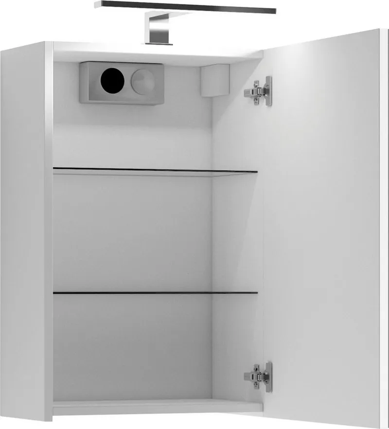 byLIVING Spiegelschrank Serie Spree, in vielen Breiten erhältlich Soft-Close, LED Beleuchtung mit Schalter- und Steckdosenbox, Weiß, – Produktbild 4 von 8