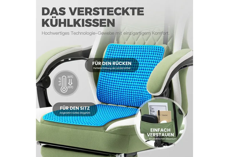 Dowinx Gaming-Stuhl Stoff mit Taschenfederkissen, Gaming Sessel mit Fußstütze, Ergonomischer Bürostuhl, Grün, – Produktbild 4 von 5