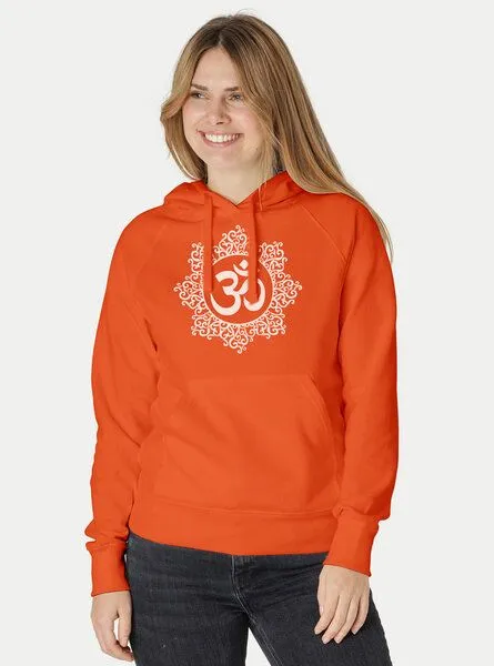 Peaces.bio - handbedruckte Biomode Peaces.bio - handbedruckte Biomode Bio-Damen-Kapuzensweater "Classic-Om", Orange, – Produktbild 2 von 3