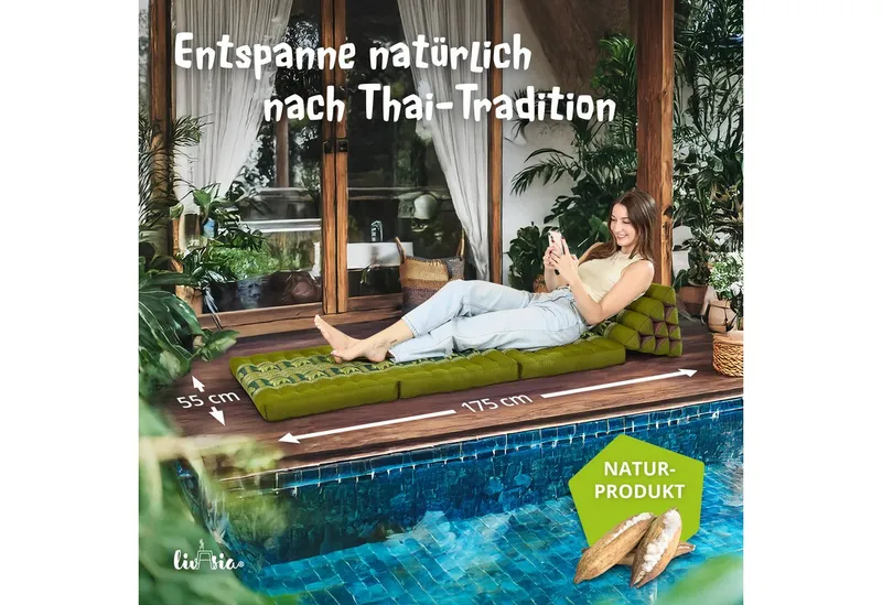 livasia Sitzsack Thaikissen 3 Auflagen (Deluxe) vegan und handgefertigt, 175x55x8cm, Kapok, Grün, – Produktbild 2 von 5