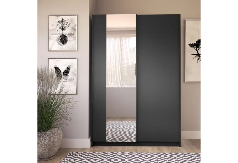 Home affaire Kleiderschrank Hildreth, Wäscheschrank, Schwebetüren, Versand nur 4,95! mit Spiegel, FSC®-zertifizierter Holzwerkstoff, Schwarz, – Produktbild 4 von 5