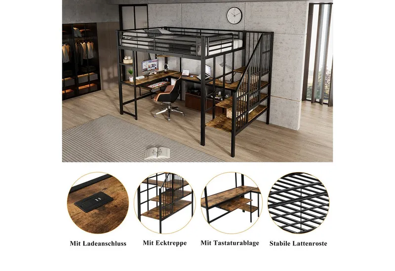Merax Hochbett 120x200cm mit Ladeanschluss (Kinderbett aus Eisen & MDF, 1-St., Eisen-Etagenbett Einzelbett Jugendbett) Metallbett mit Schreibtisch, Tastaturablage, Ecktreppe & Ablageflächen, Schwarz, – Produktbild 5 von 5