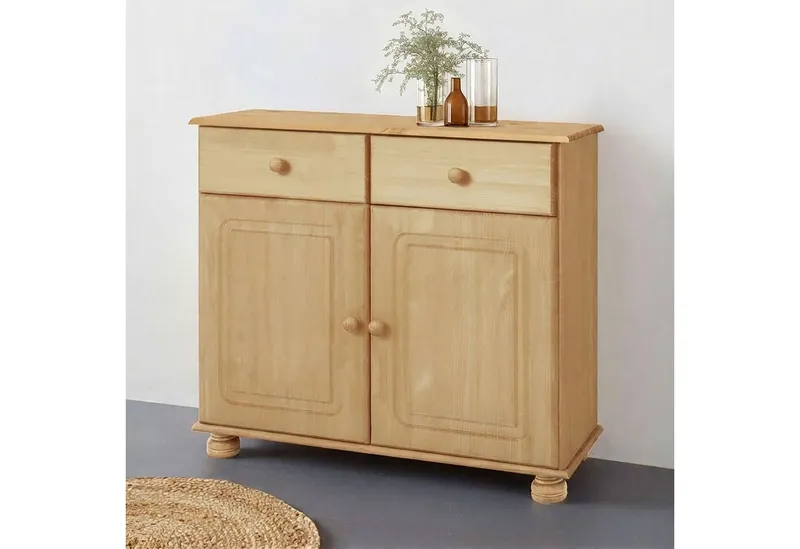 OTTO home Sideboard Mette Kommode mit 2 Türen & 1 Schubladen, die optisch geteilt ist, Kommode mit gefrästen, kugelförmigen Füßen, 2 Türen und 1 Schublade, Beige, – Produktbild 2 von 5