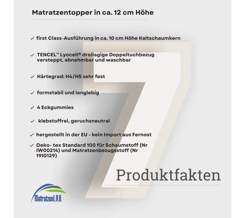 MatratzenL.A.B®, Topper TENCEL™ Lyocell® Premium Bezug, 160 x 200, H4/H5 sehr fest, 12 cm hoch, Kaltschaum, Matratzentopper ideal für Ihre Boxspringbett. klebstofffrei – Produktbild 2 von 5