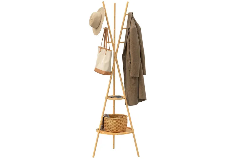 HOMCOM HOMCOM Garderobenständer Jackerständer Garderobe mit 9 Haken, für Flur, Eingangsbereich, (Set, 1 St., 1), aus Bambus, 2 Ablagefächer, Beige, – Produktbild 2 von 5