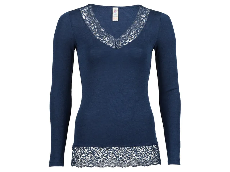 Engel natur Engel Natur Damen Langarmshirt mit Spitze Wolle Seide marine Gr. 38/40, Blau, – Produktbild 1 von 1