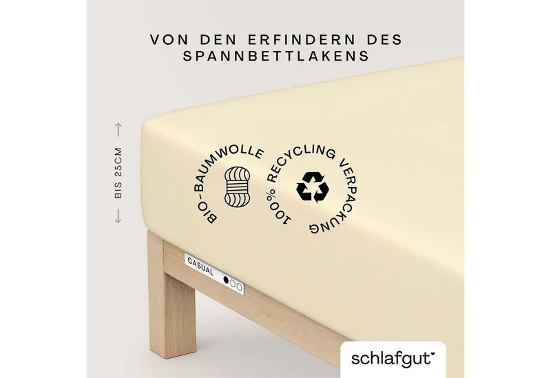 Schlafgut Schlafgut Spannbettlaken CASUAL Bettlaken 100% gekämmte Bio-Baumwolle, 150 g/m², Spannbetttuch, Jersey, Gummizug: rundum, (1 Stück), Bettlaken bis 25 cm Höhe, langlebig, weich, Antipilling-Ausrüstung, Gelb, – Produktbild 2 von 5