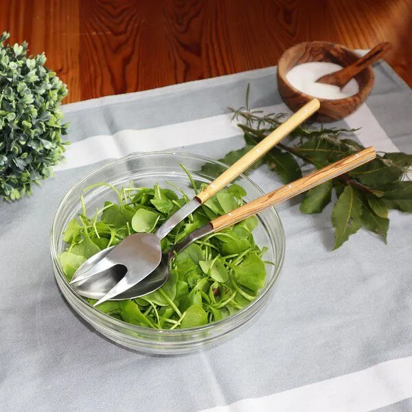 NATUREHOME NATUREHOME Salatbesteck Olivenholz & Edelstahl – 2-teiliges Salatserver-Set, Salatlöffel und Salatgabel mit Holzgriff, handgefertigt – Produktbild 2 von 3