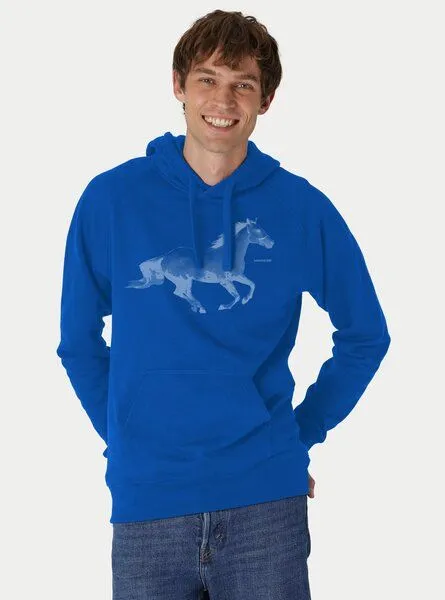 Peaces.bio - handbedruckte Biomode Peaces.bio - handbedruckte Biomode Bio-Herren-Kapuzensweater Horsepower, Königsblau, – Produktbild 1 von 2