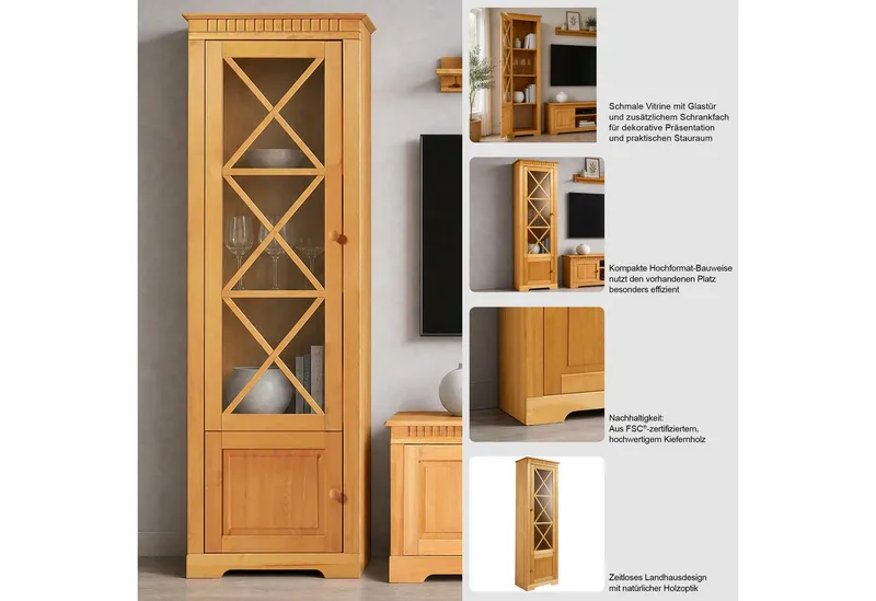 OTTO home Vitrine Lisa aus schönem massivem Kiefernholz, mit einer schönen Glastürfront, Beige, – Produktbild 3 von 5