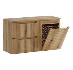 Lomadox Waschbeckenschrank NEWPORT-56-EVOKE 100 cm breit in Eiche, gerillte Front, 2 Schubladen & Wäschekorb – Produktbild 1 von 1