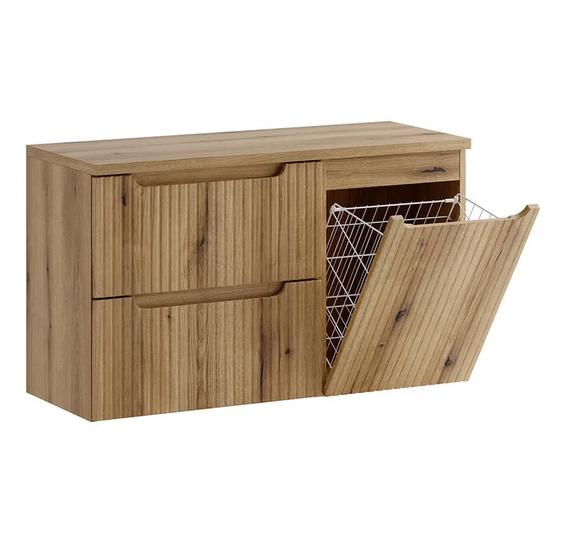 Lomadox Waschbeckenschrank NEWPORT-56-EVOKE 100 cm breit in Eiche, gerillte Front, 2 Schubladen & Wäschekorb, Braun, – Produktbild 1 von 5