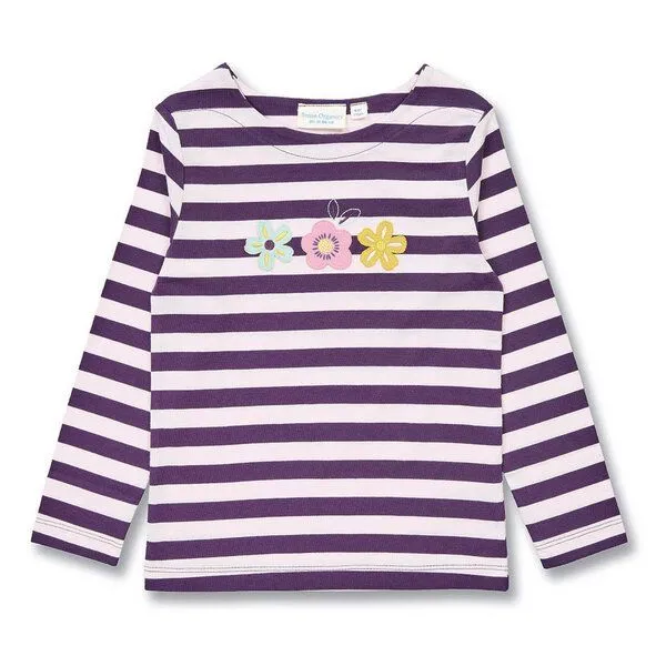 Sense Organics Sense Organics Mädchen Langarmshirt, Modell ALUNA, Dunkle pflaume geringelt mit blumen, – Produktbild 1 von 4