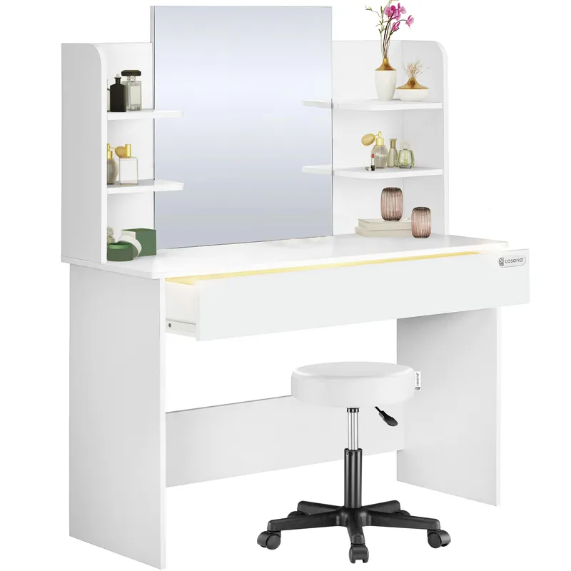 Casaria® Schminktisch Lucia Weiß 140x110x40cm mit Rollhocker – Produktbild 1 von 2