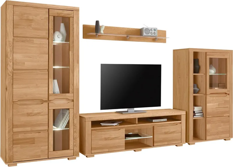 OTTO home Wohnwand Denis, (Set, 4-St), Breite: 340cm, 1Vitrine, 1Stauraumvitrine, 1 Lowboard und 1 Wandregal, Braun, – Produktbild 2 von 8