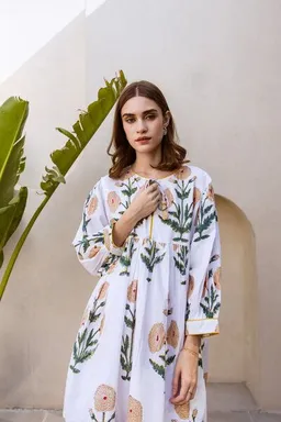Haus of Namaste Haus of Namaste Ballonkleid kurz aus Bio-Baumwolle „Marigold Kurzkleid“ , handbedruckt mit veganen Farben – Produktbild 1 von 1