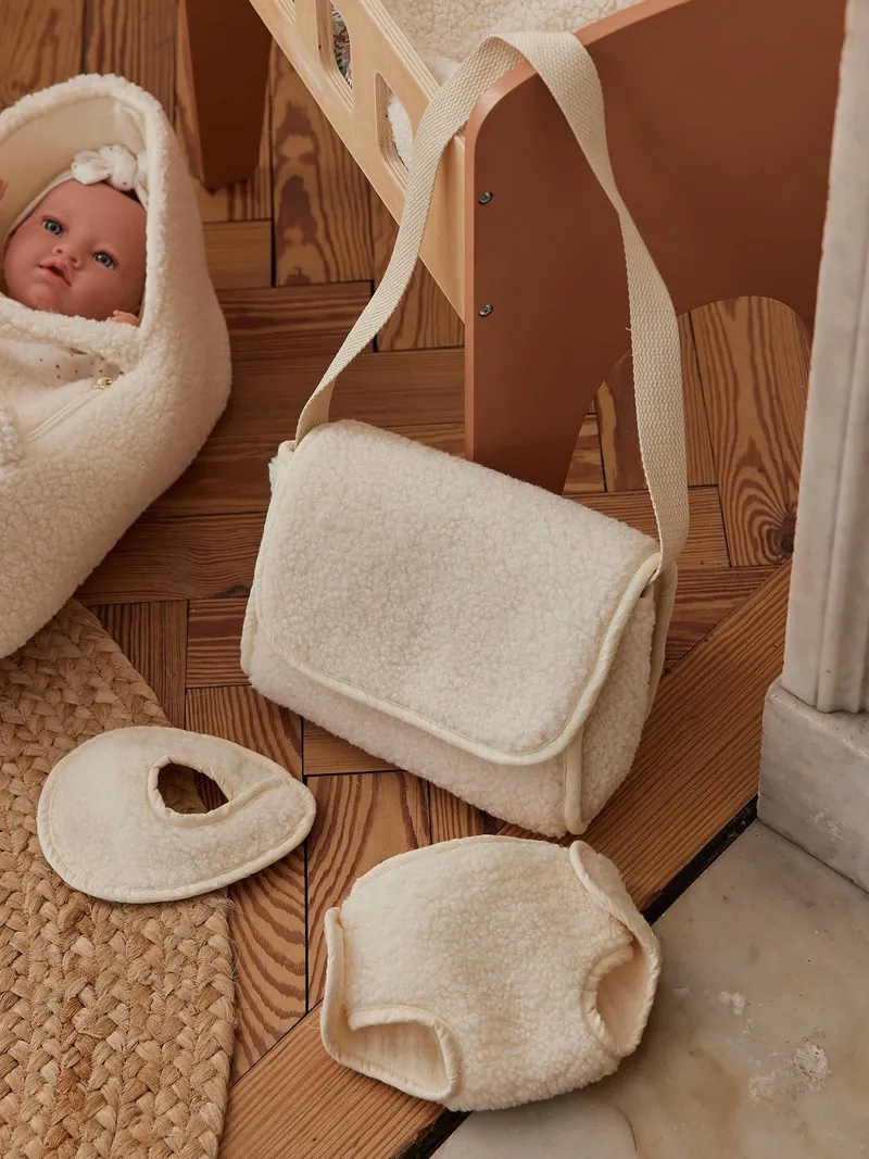 Vertbaudet Puppen-Wickeltasche mit Windel und Lätzchen VINTAGE BLUMEN, Wollweiß, – Produktbild 2 von 3