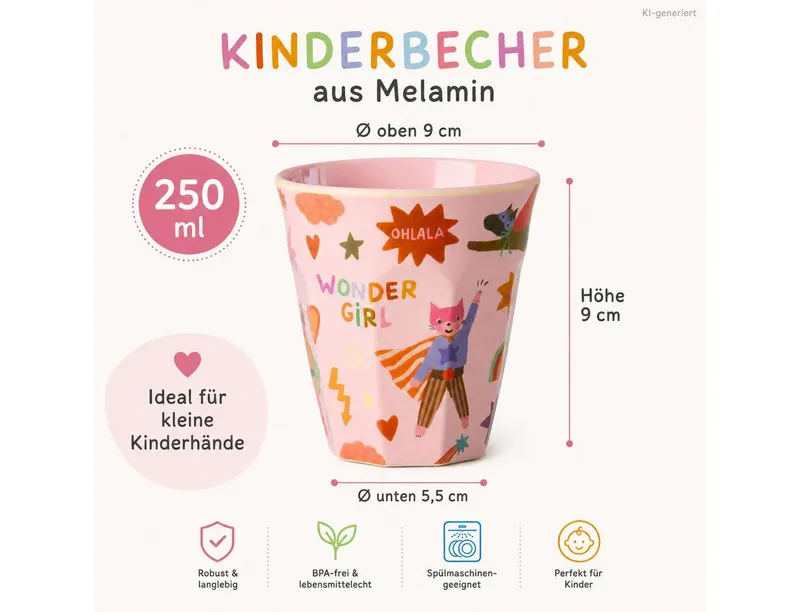 RICE RICE Becher Kinderbecher Melamin 250ml Rosa Pastellrosa Trinkbecher KITA, 1-tlg., Melamin, Rosa, – Produktbild 3 von 5