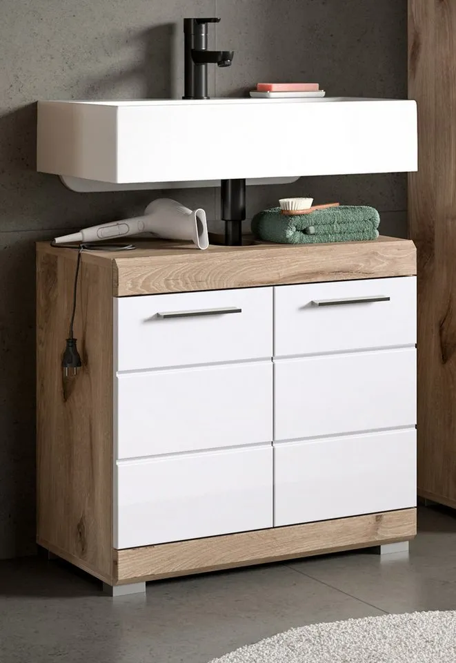 Inn.Furn Waschbeckenunterschrank Willow (Waschtisch in weiß Hochglanz mit Eiche, 60 x 56 cm) mit MDF-Fronten, Weiß, – Produktbild 5 von 5