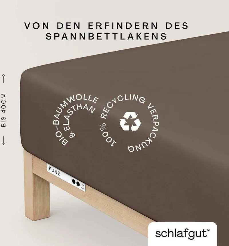 Schlafgut Schlafgut Spannbettlaken PURE BOXSPRING Bio-Baumwolle mit Elasthan, 170 g/m², Bettlaken, Jersey-Elasthan, Gummizug: rundum, (1 Stück), PREMIUM Boxspringbett Laken bis 40 cm Höhe, dehnbar blickdicht, straff, Braun, – Produktbild 2 von 5