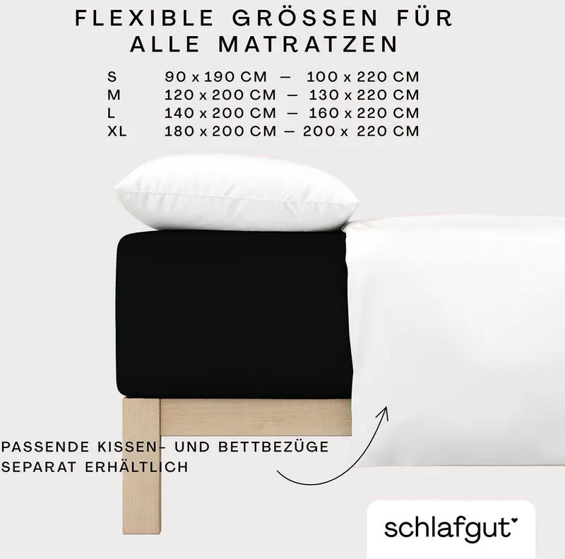 Schlafgut Schlafgut Spannbettlaken PURE BOXSPRING Bio-Baumwolle mit Elasthan, 170 g/m², Bettlaken, Jersey-Elasthan, Gummizug: rundum, (1 Stück), PREMIUM Boxspringbett Laken bis 40 cm Höhe, dehnbar blickdicht, straff, Schwarz, – Produktbild 1 von 5