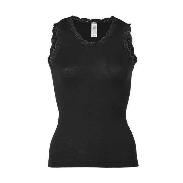 Engel natur Engel natur Damen Achselshirt mit Spitze Bio-Schurwolle/Seide, Schwarz, – Produktbild 1 von 1