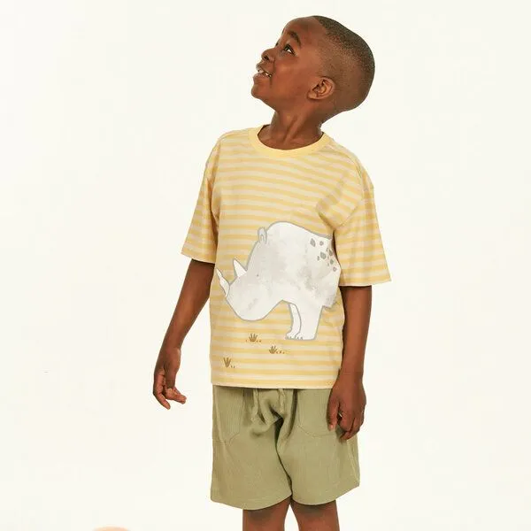 Sense Organics Sense Organics Kinder T-Shirt, Modell ANTON, Butterblumengelb-weiß geringelt mit nashorn, – Produktbild 2 von 4