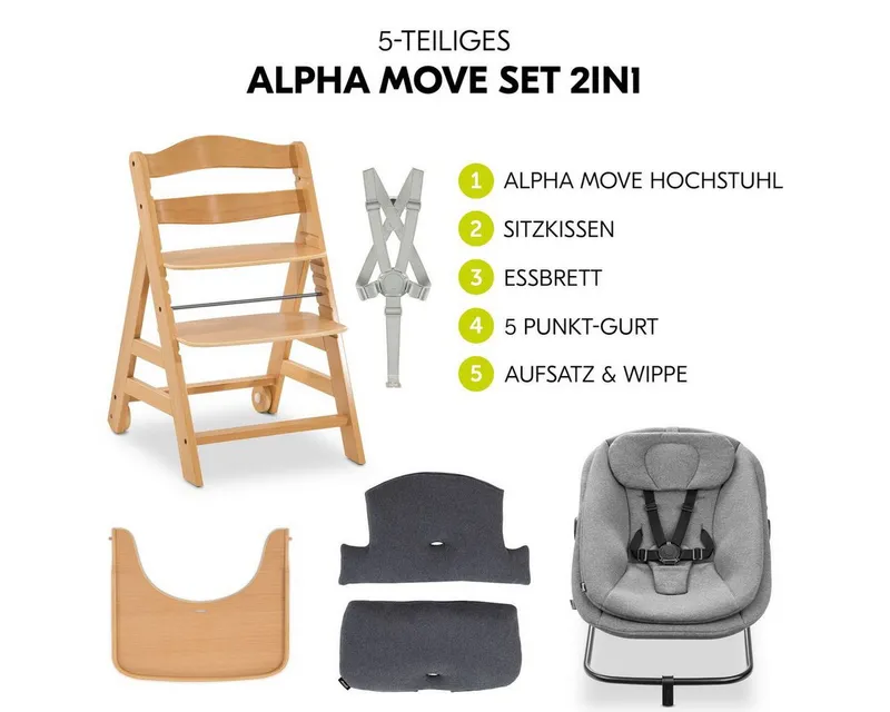Hauck Hauck Hochstuhl Alpha Move Newborn Set - Natur, Holz Babystuhl ab Geburt mit Neugeborenensufsatz, Sitzkissen, Essbrett – Produktbild 2 von 5