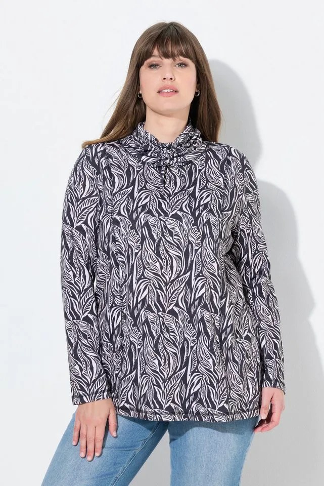 Ulla Popken Longshirt Shirt Blätter Stehkragen Langarm Biobaumwolle, Schwarz, – Produktbild 2 von 4