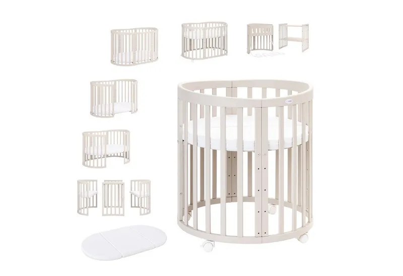 Waldin Waldin Babybett Oval 7in1 mitwachsend, Beistellbett, Matratze, Rollen, Beige, – Produktbild 2 von 8